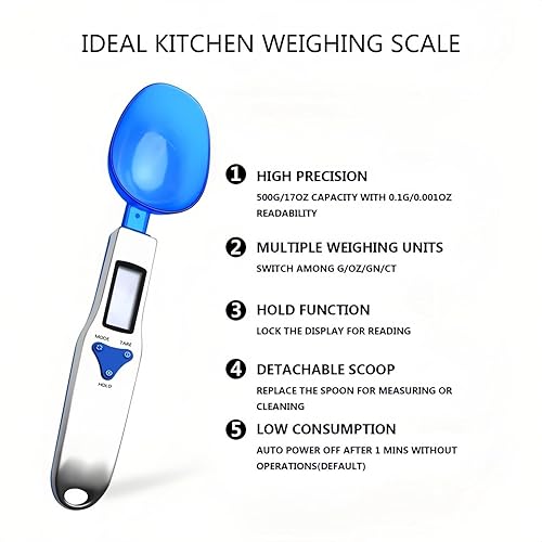 Miniatura 2 de Yoidesu - Báscula digital de cocina, cuchara medidora electrónica de gramos, 17.64 oz0.00 oz, cuchara digital azul con 3 cucharas medidoras para