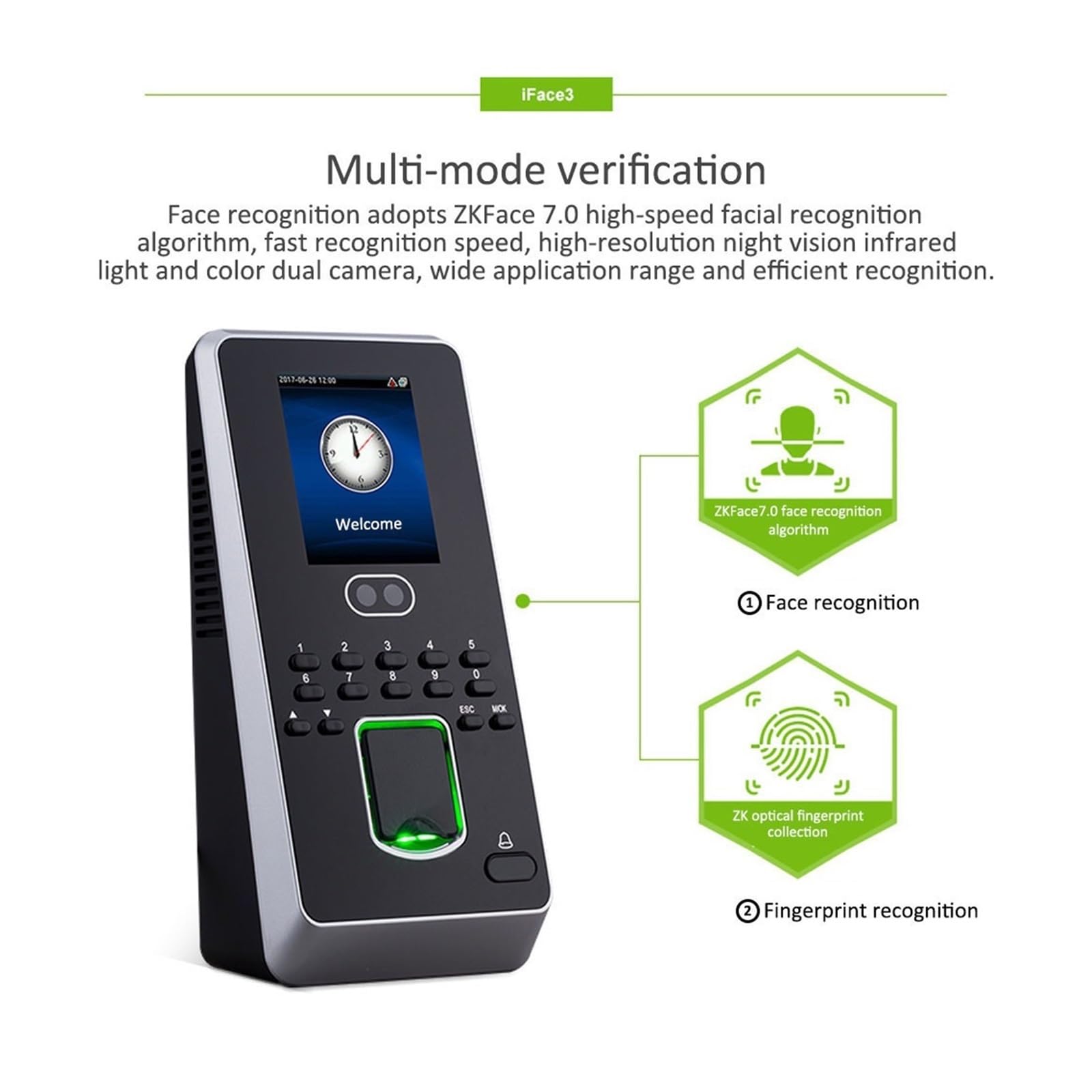 Zegar czasu pracy dla małych firm, Iface3 Rozpoznawanie twarzy Rejestracja czasu pracy i kontrola dostępu z czytnikiem linii papilarnych Komunikacja TCP/IP USB(Multibio800-IC,Arabic)