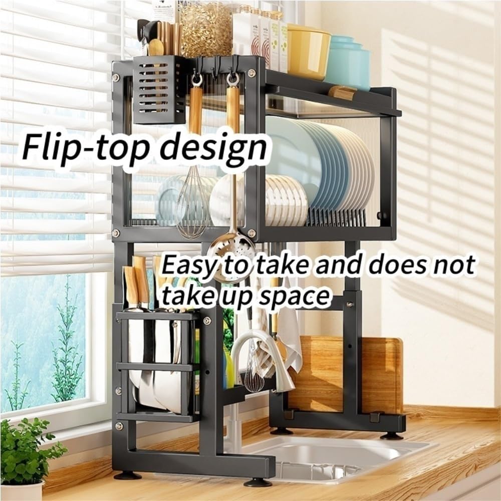Genérico Escurreplatos sobre el Fregadero con Tapa Que Ahorra Espacio - Elegante escurridor de Platos Negro para Platos, Vasos, Cuencos y Cubiertos - Escurridor de 65 cm para maximizar el almacenamie