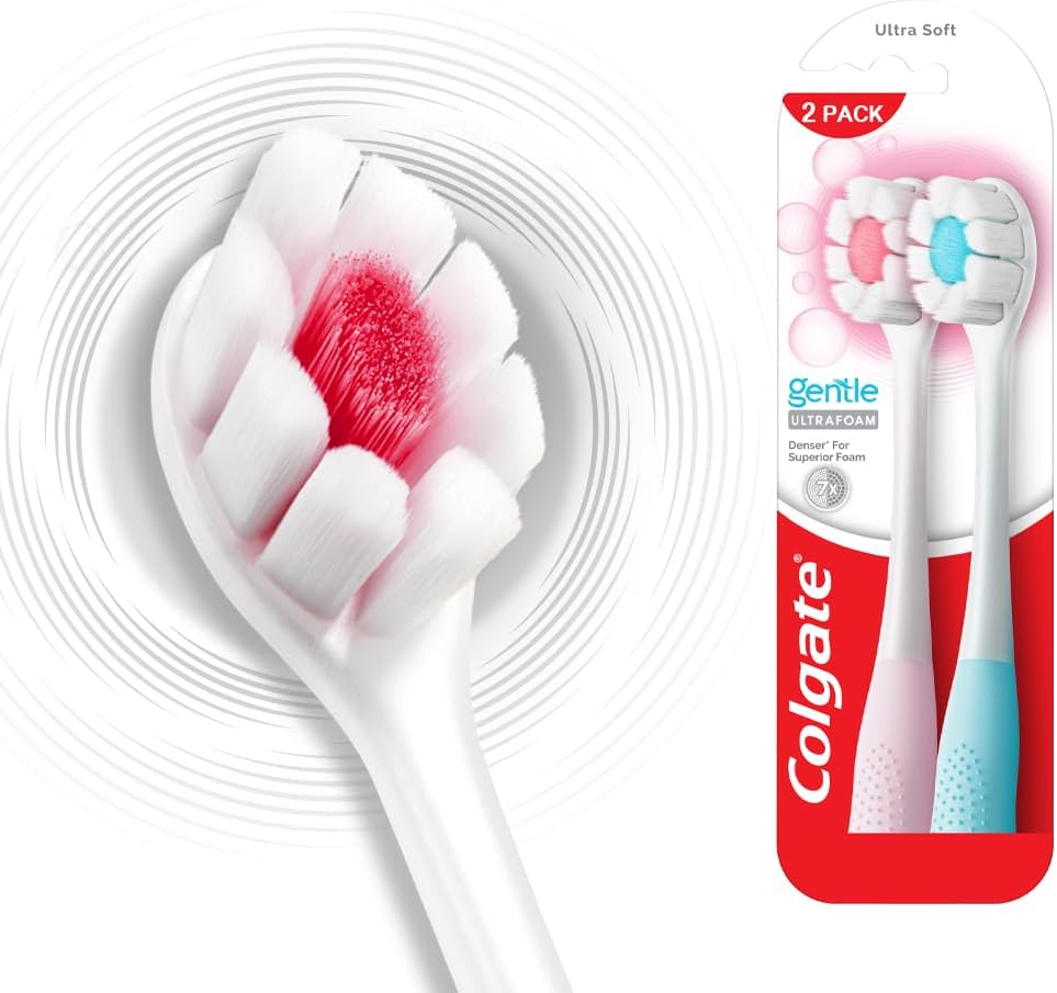 Gentle UltraFoam Ultra Soft Bristles Manual Toothbrush for adults, 2 Pcs, Soft Bristles for Superior Clean, Multicolor