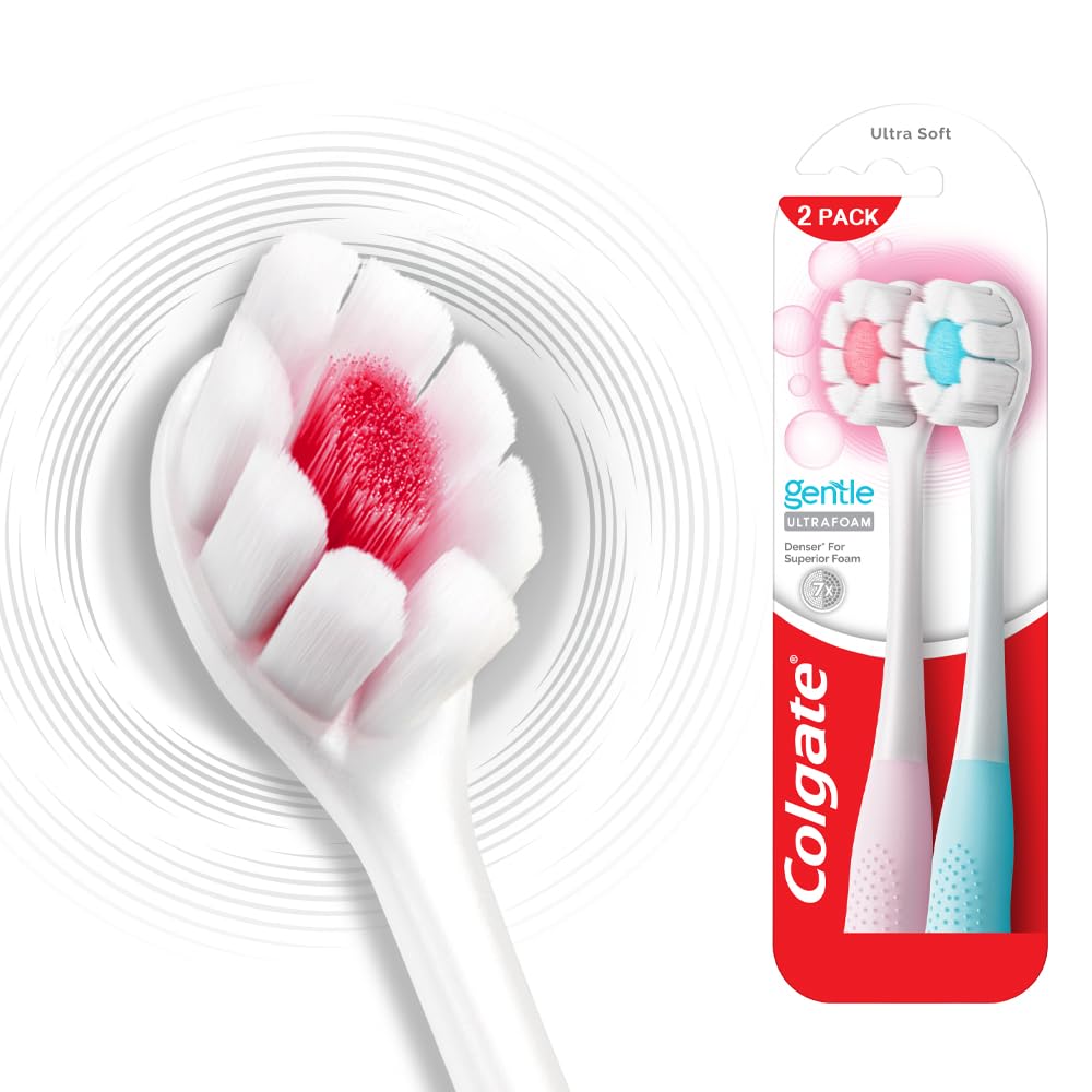 Colgate Gentle UltraFoam Ultra Soft Bristles Manual Toothbrush for adults, 2 Pcs, Soft Bristles for Superior Clean, Multicolor