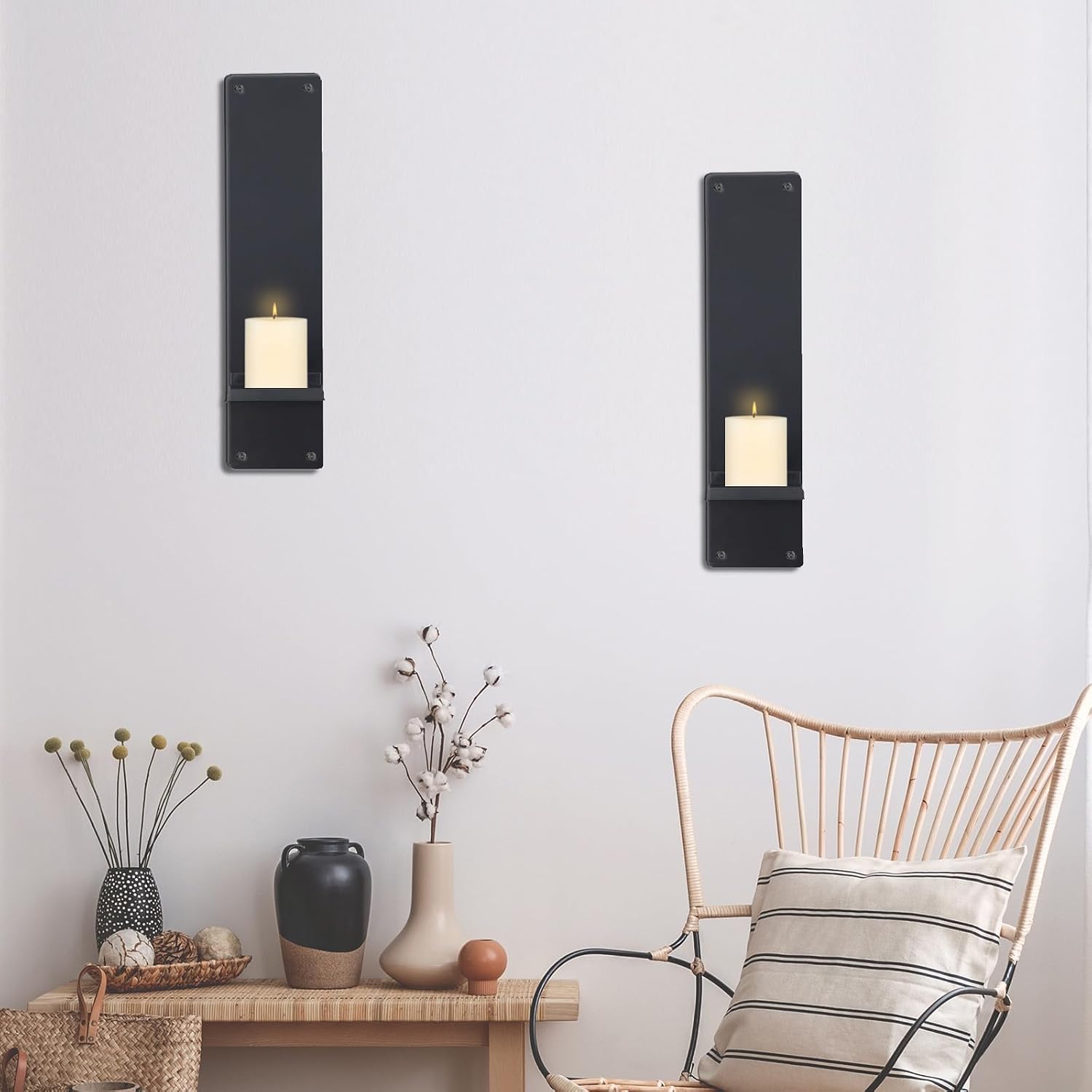 OYEFLY Set of 2 Metal Wall Candle Sconces,Black Vintage Hanging Candle Holders Decor (Black)