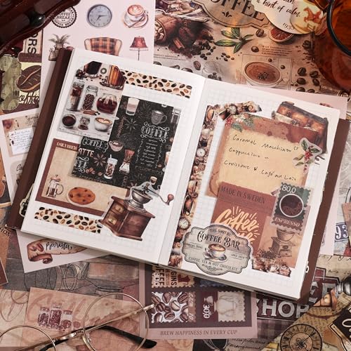 Image of emmoolife Scrapbooking Supplies Kit, Coffee Vintage Aesthetic Scrapbook Kit for Bullet Junk Journal, DIY Journaling Supplies with Coffee Bean Cup, Latte Art, Birthday Craft Gift for Teen Girl Women