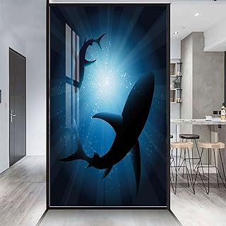 Dark Blue Privacy Window Film Frosted Window Stickers Silhouette of The Fishes Swimming at Twilight Night Window Film Privacy Color Window Sticker Shark 31.5Wx62.9L-inch
