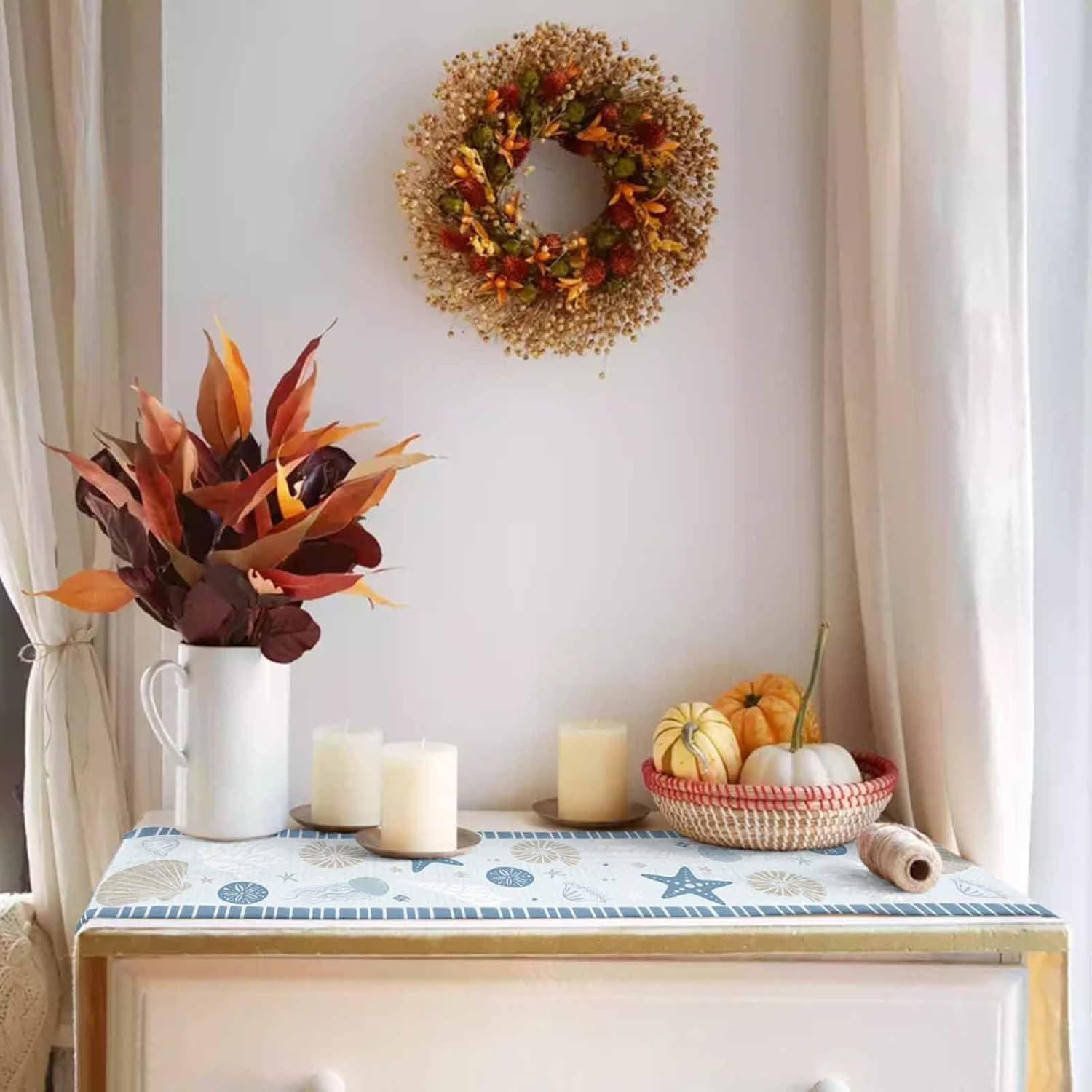 Aqua Blue Coastal Table Runner 120 Inches Long for Kitchen Dining, Summer Beach Coral Starfish Stripes Dresser Scarf Farmhouse, Dining Table Decorations for Wedding/Parties, 13 x 120 in