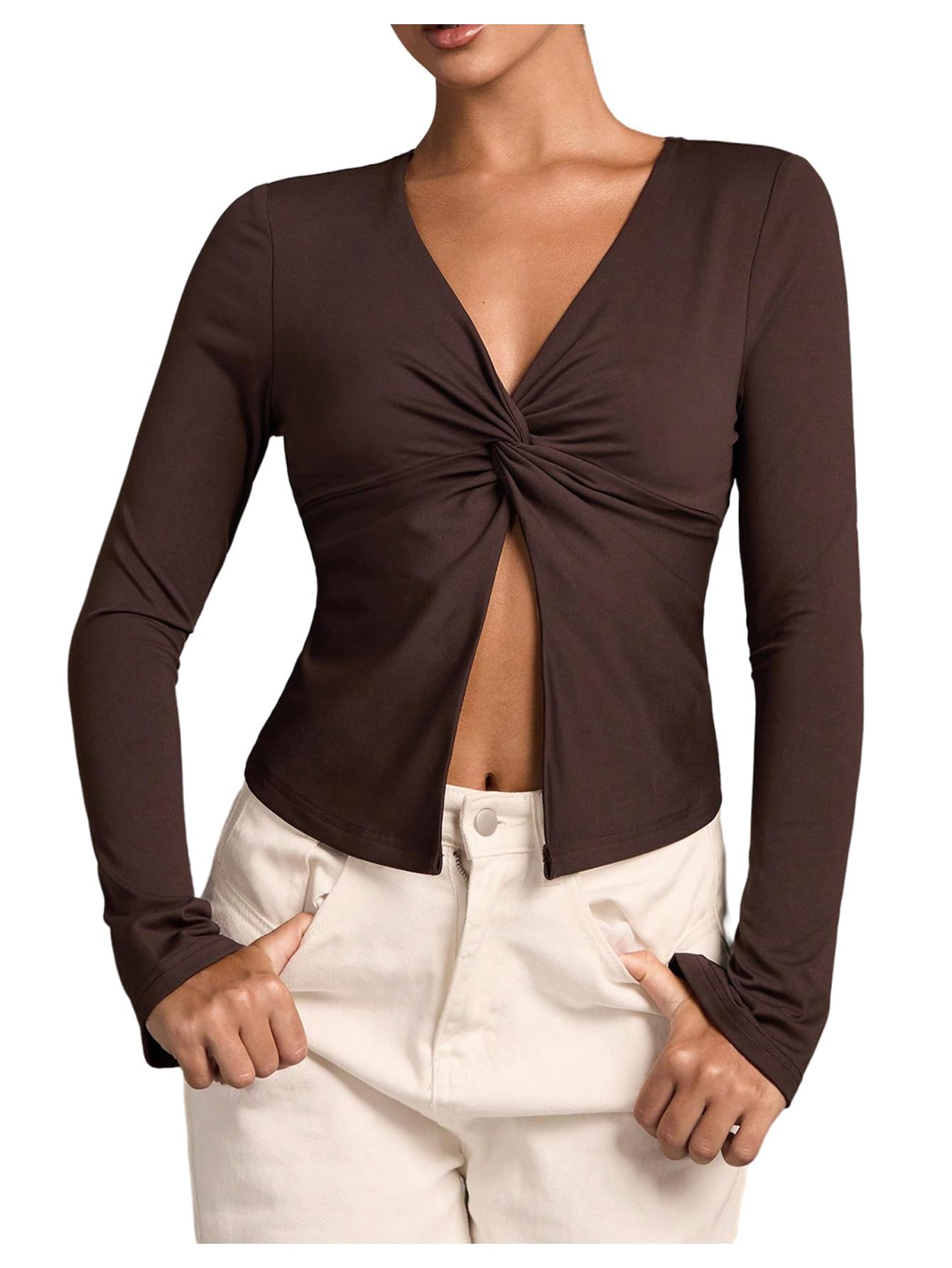 Women's Twist Front Long Sleeve Shirts Deep V Neck Fitted Crop Tee Y2K Going Out Tops
