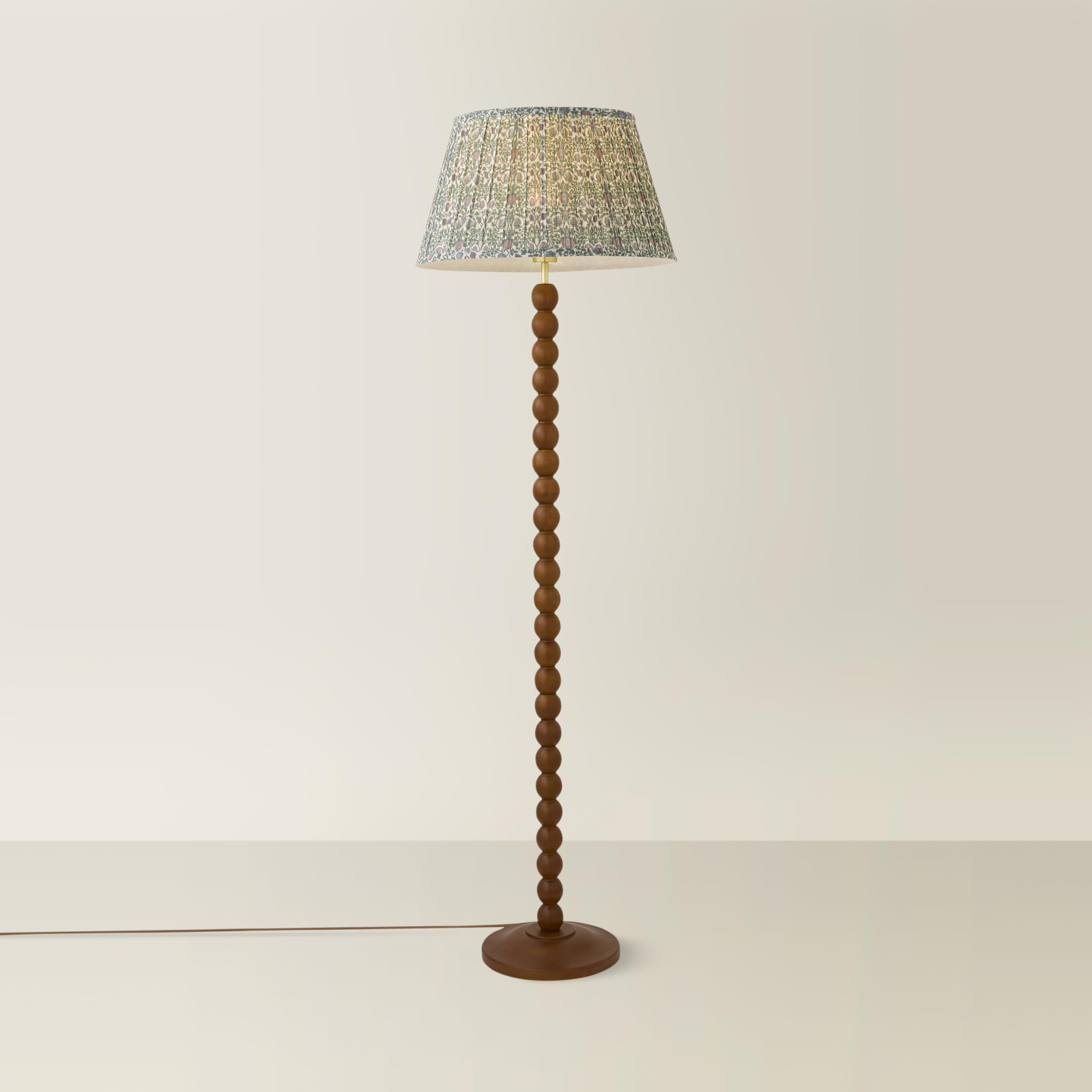 Valuelights Unisex Pale Green Bobbin Floral Printed Pleated Shade Walnut Bobble Floor Lamp With Bulb In