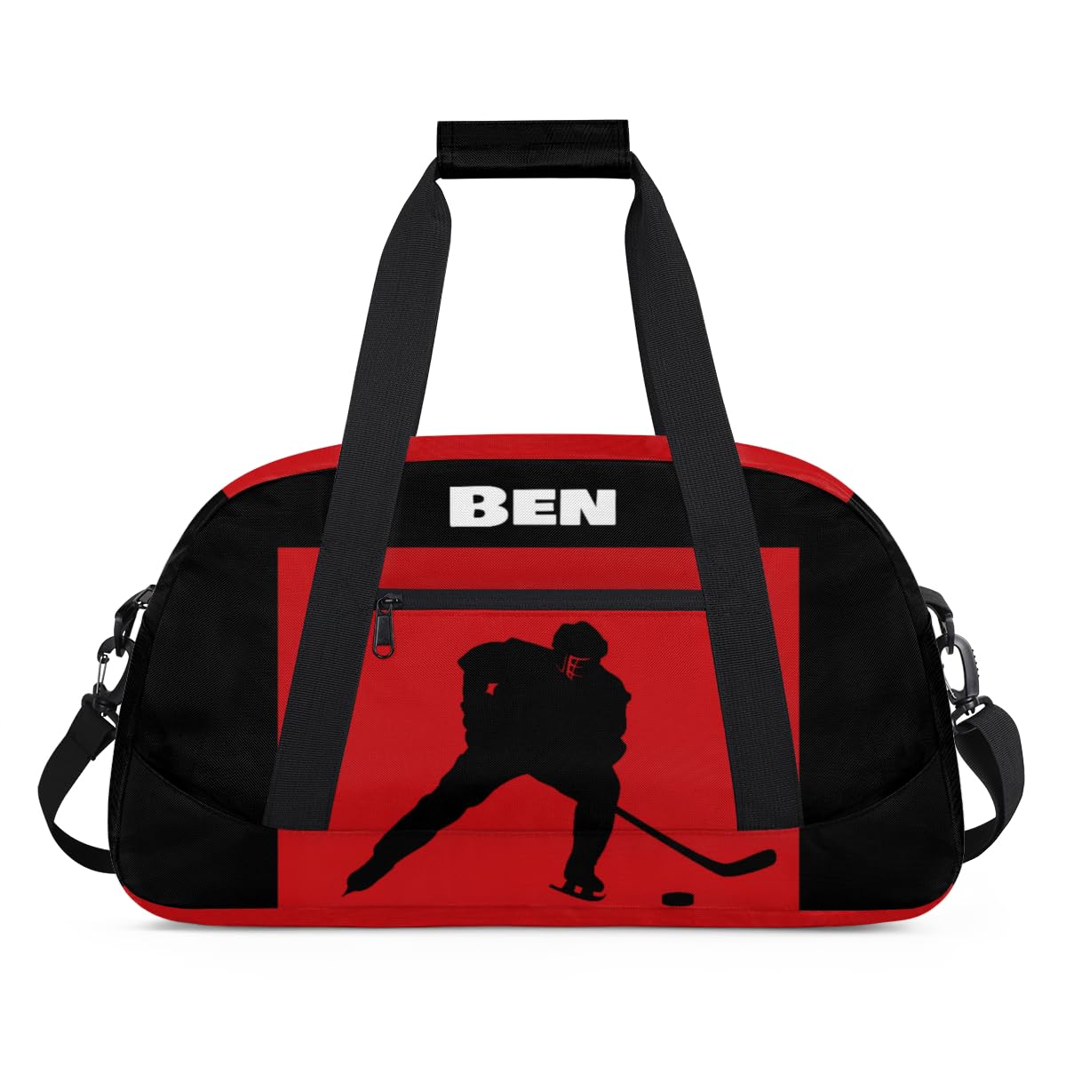 Personalized Sports Gym Bag Boys, Custom Large Sport Duffel Bag Weekender Baseball Football Basketball Bag Travel Training Bag, Ice Hockey Black Red