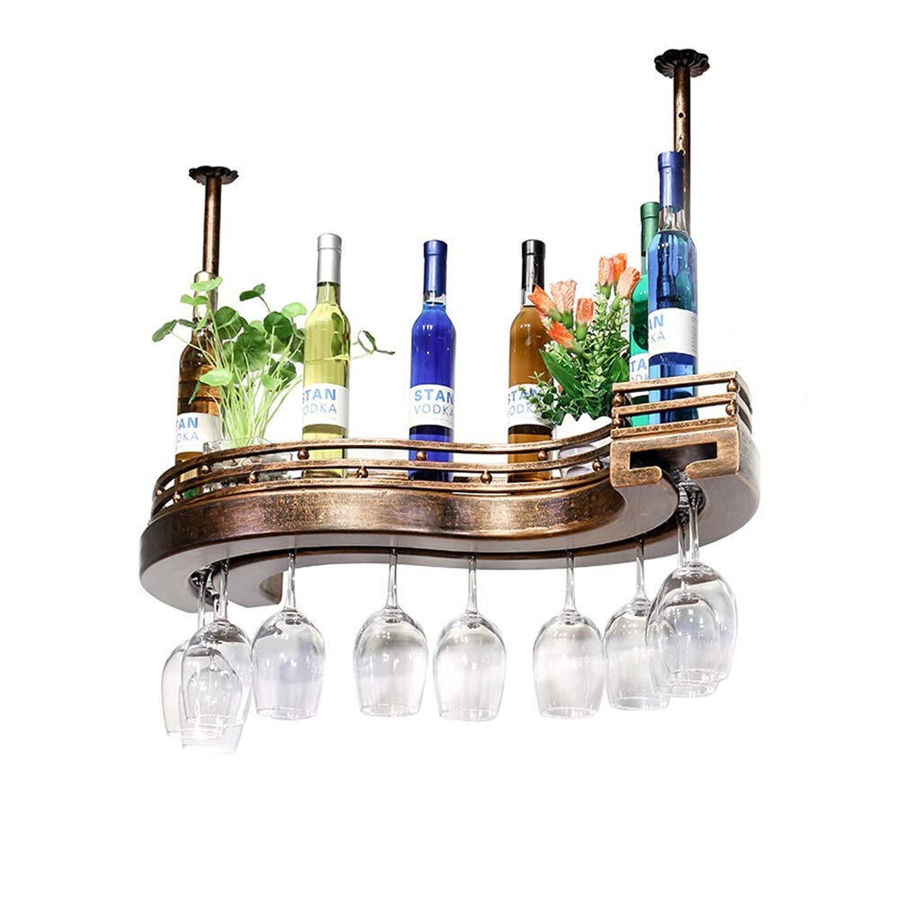 Porte-bouteille à vin en métal suspendu mural avec étagère bois et rangement verres à pied