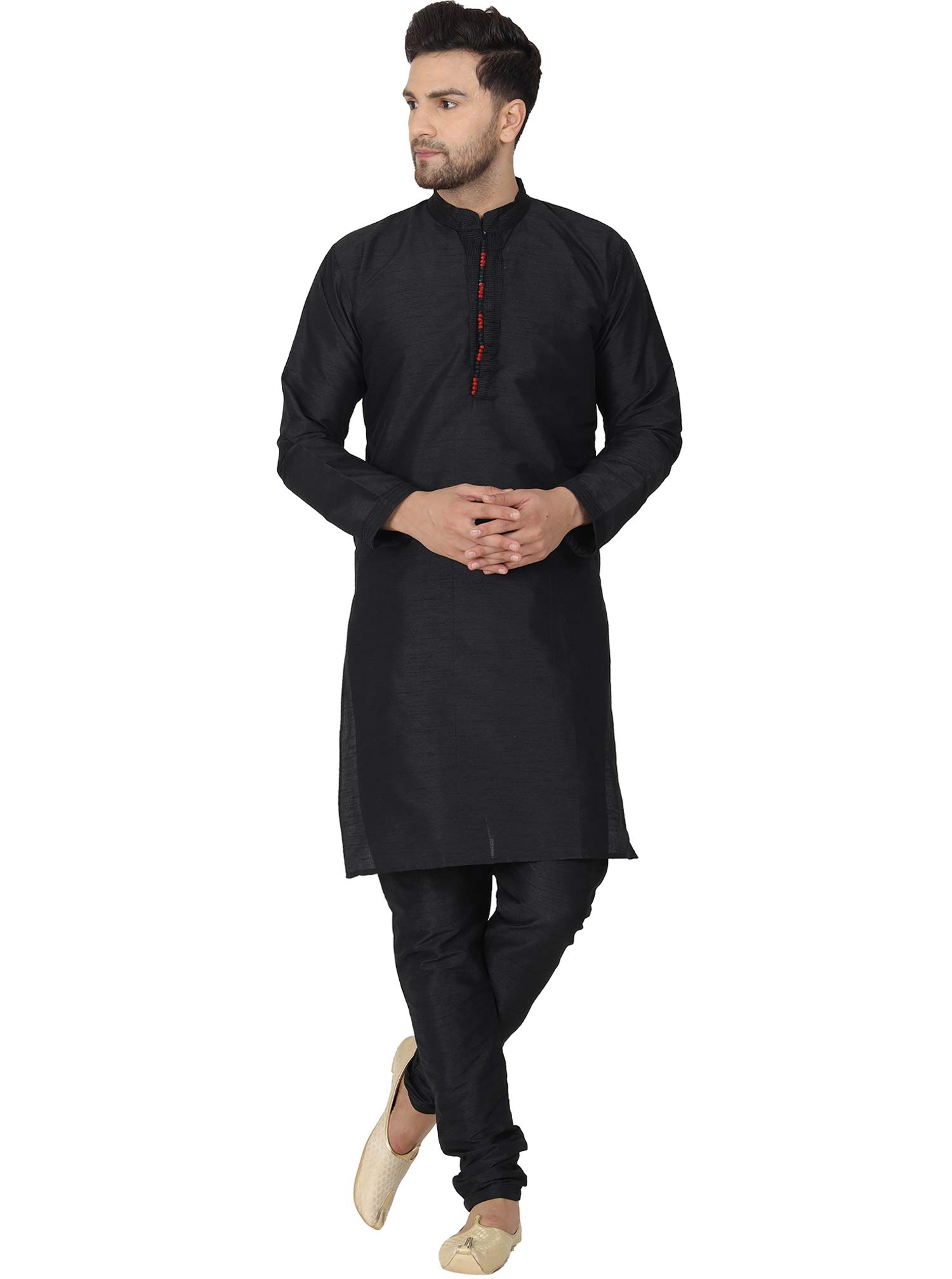 SKAVIJMen's Art Silk Thread Work Kurta Pajama Set Woven Design Embroidered Festive Ethnic Dress