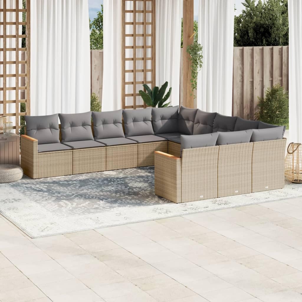 11-TLG. Set divano da giardino con cuscino, beige, polyrattan, design modulare, resistente ai raggi UV, spazio per terrazza, balcone, giardino