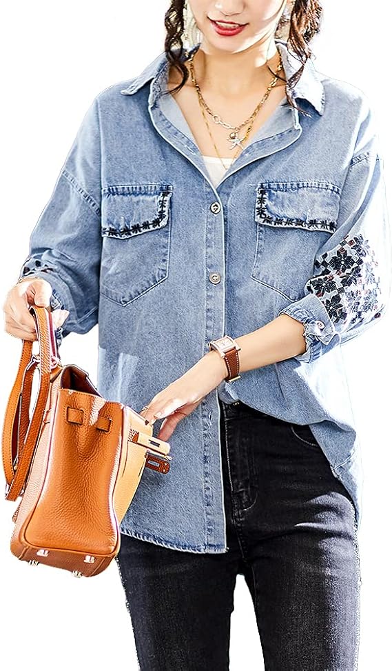 Amazon デニム シャツ ロング レディース ジャケット 七分袖 大きいサイズ デニム シャツ ジャケット 刺繍 羽織り ロング丈 アメカジ 柄 トップス ヴィンテージ ゆったり お洒落 ドロップショルダー カジュアル コート ジャケット 通販