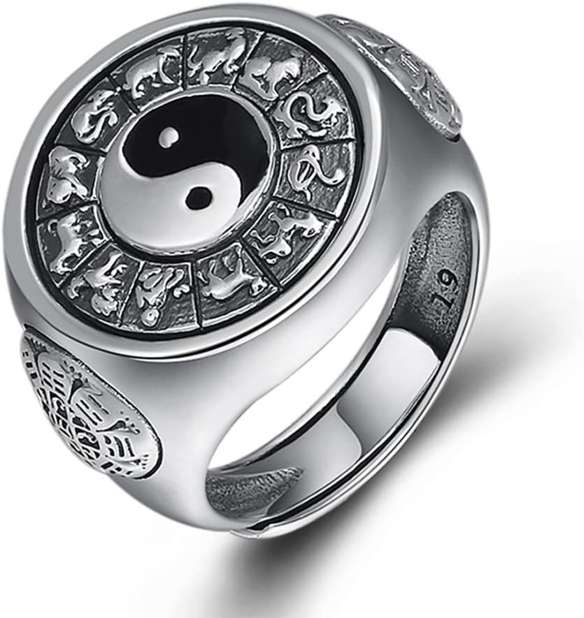 Yin Yang Symbol Ring S925 Sterling Silver Tai Chi Bagua Ring Nine Palaces Bagua Zodiac Rotating Ring