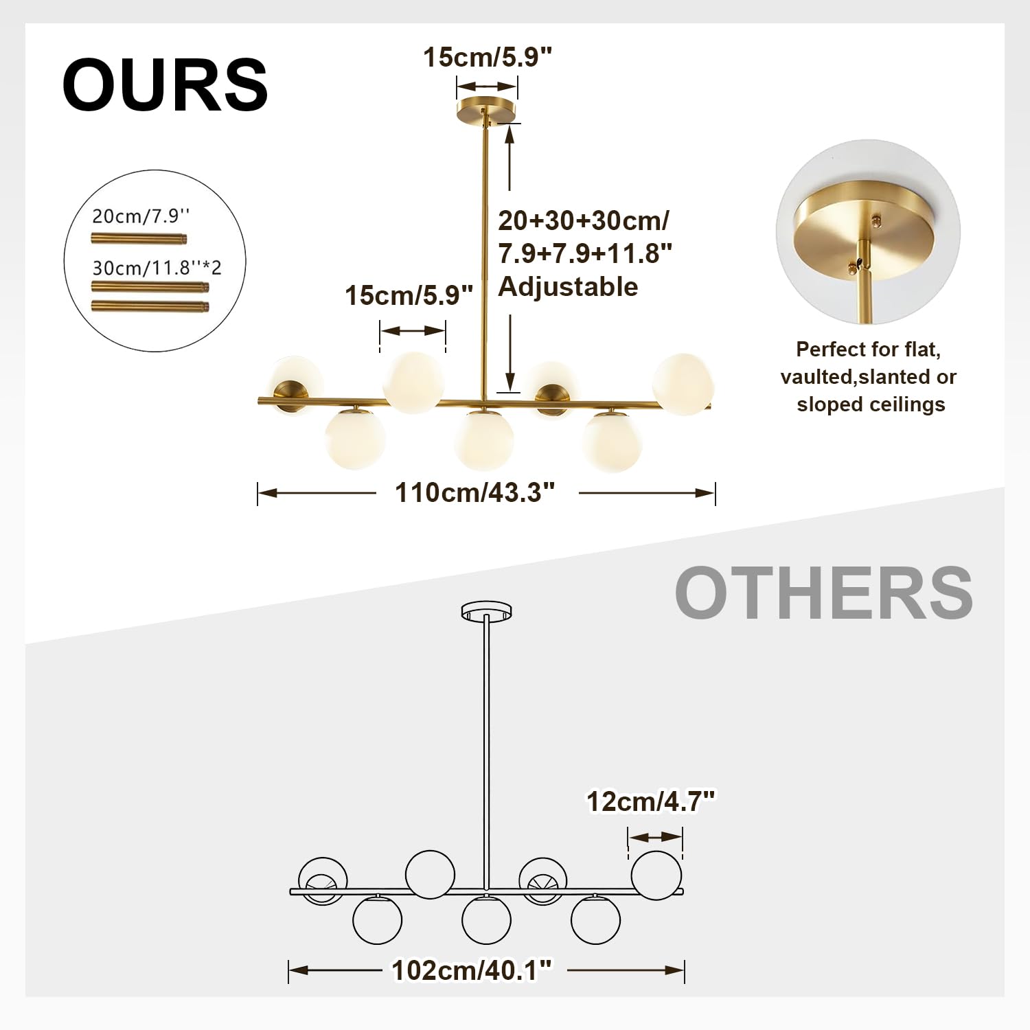 KCO Lighting Moderner 110CM Gold Kronleuchter Mit 7 Weiß Globe Sputnik Vintage Pendelleuchte - Milchkugel Glas Einstellbare Hängende Leuchte für Esszimmer, Wohnzimmer, Küche