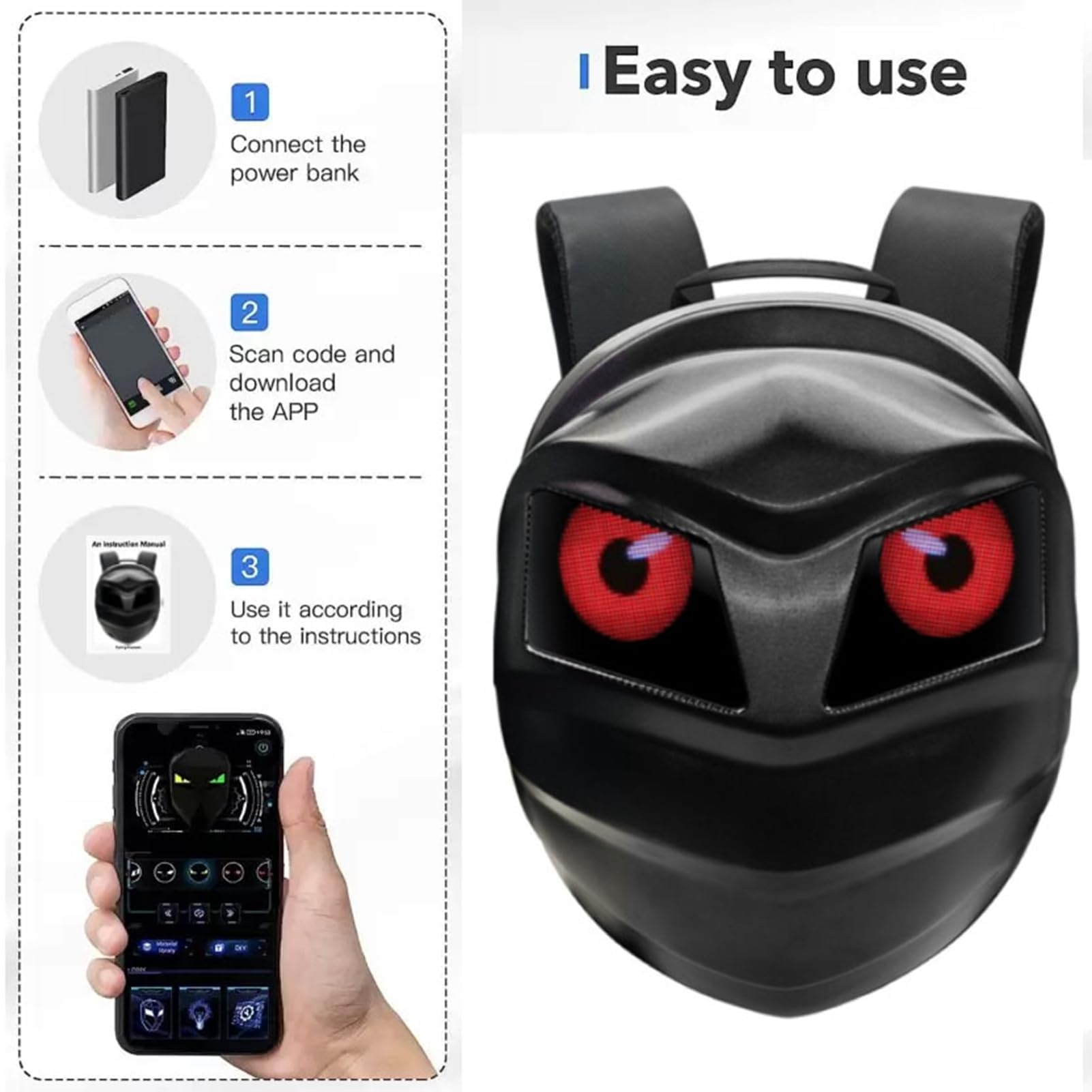 Plecak LED Motocykl, Plecak Motocyklowy Twardej Motocykli z Kolorowym Wyświetlaczem LED, dla Mężczyzn lub Kobiet, Duży Rozmiar 19 -calowy, Kontrola Aplikacji, dla Loy Oczu, z