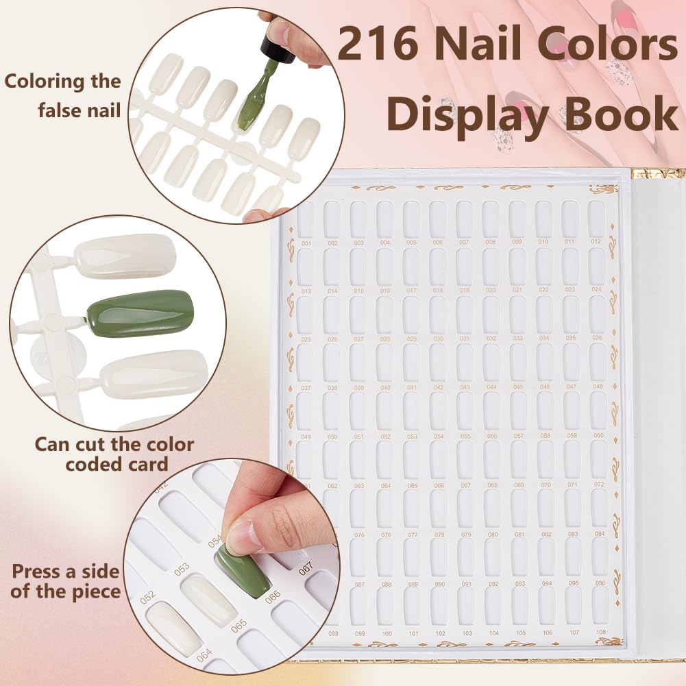 BENECREAT 216 Colors Gold Nail Display Chart, Nail Color Swatches with 480pcs 2 Style False Nail Tips - Image 4