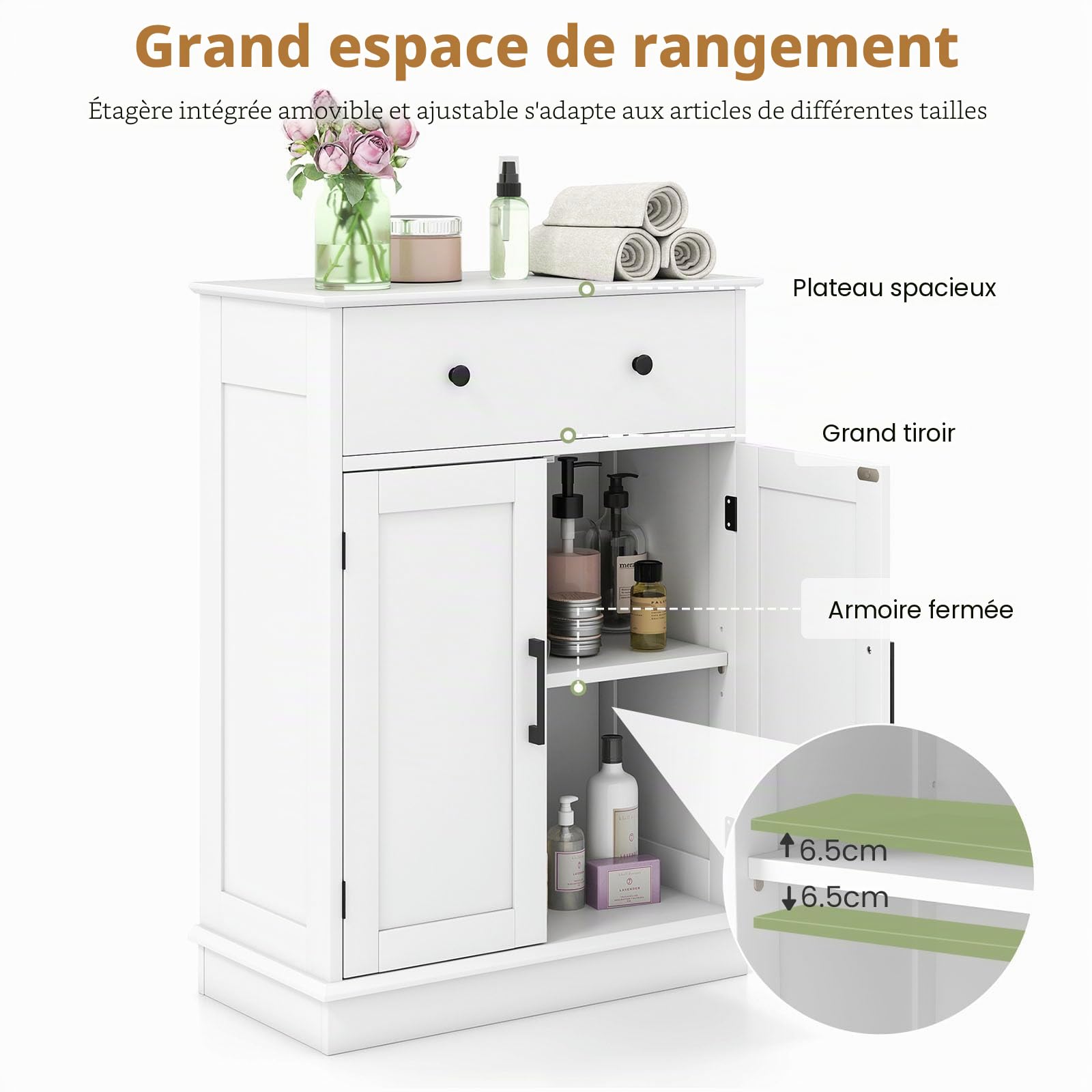 LIFEZEAL Armoire de Salle de Bain autoportante avec 2 tiroirs et Portes, Armoire de Salle de Bain avec étagère réglable, Meuble de Sol pour Salle de Bain, Salon, Cuisine (Blanc)