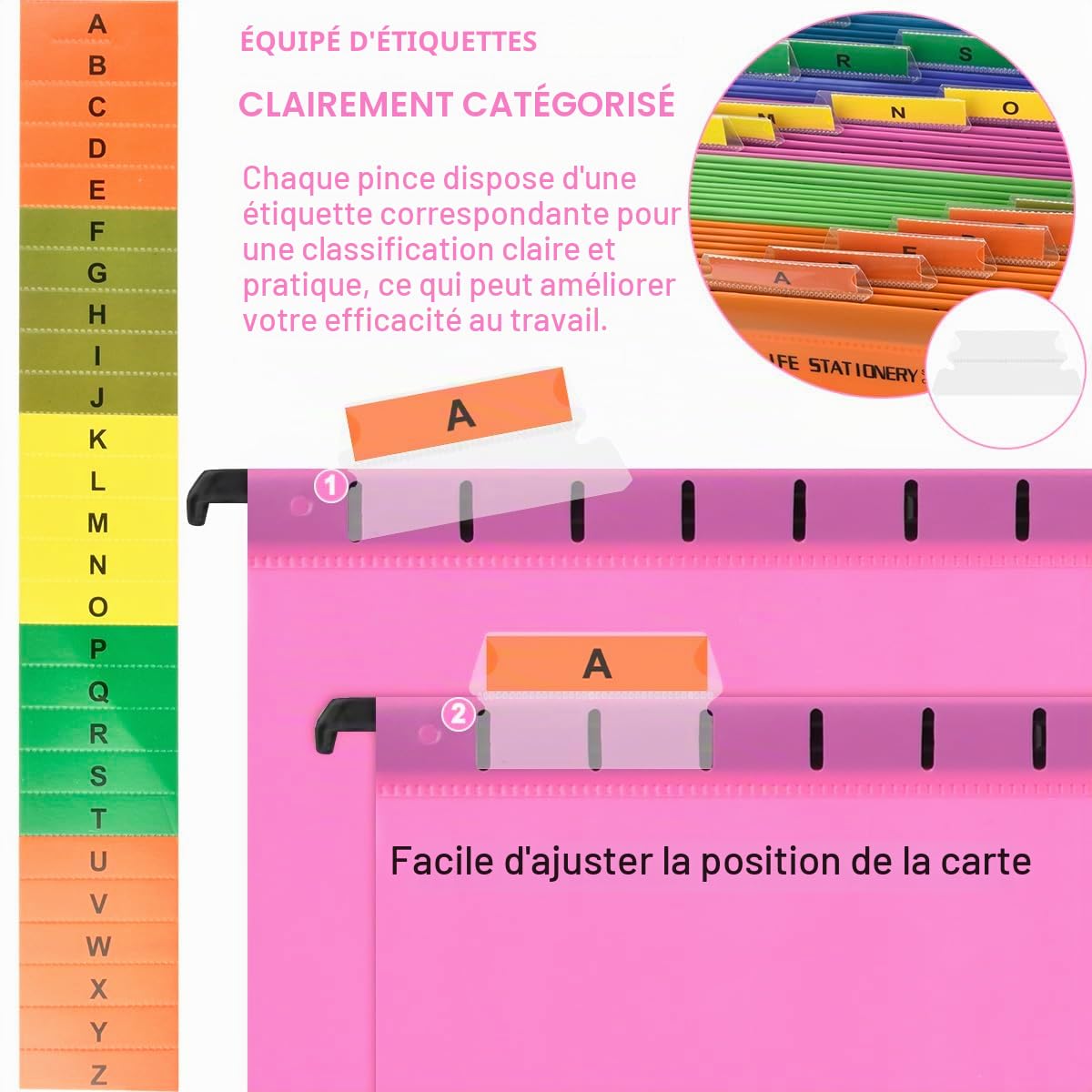 24Pcs Dossiers Suspendus A4 Classeur en PP Dossier Suspendu pour Tiroir,Hanging File Folder pour Armoires de Classement avec Onglets et Insertions pour École, Maison et Bureau