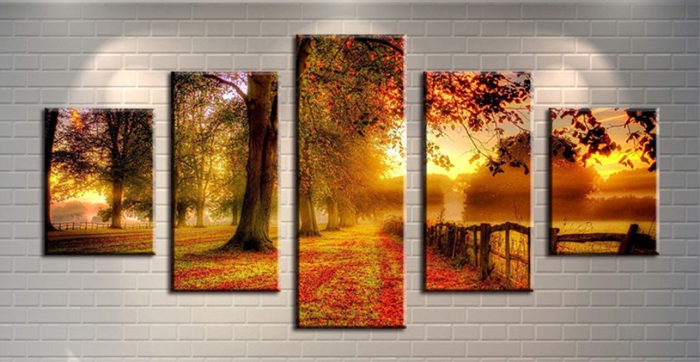 Wowdecor White,Red Wall Art 5 Pieces Canvas Painting Prints Multiple Pictures - Romantic Autumn Sunset Red Maple Forest Giclee Pictures Painting Printed On Canvas, Posters Wall Decor Gift - Unframed (Large)