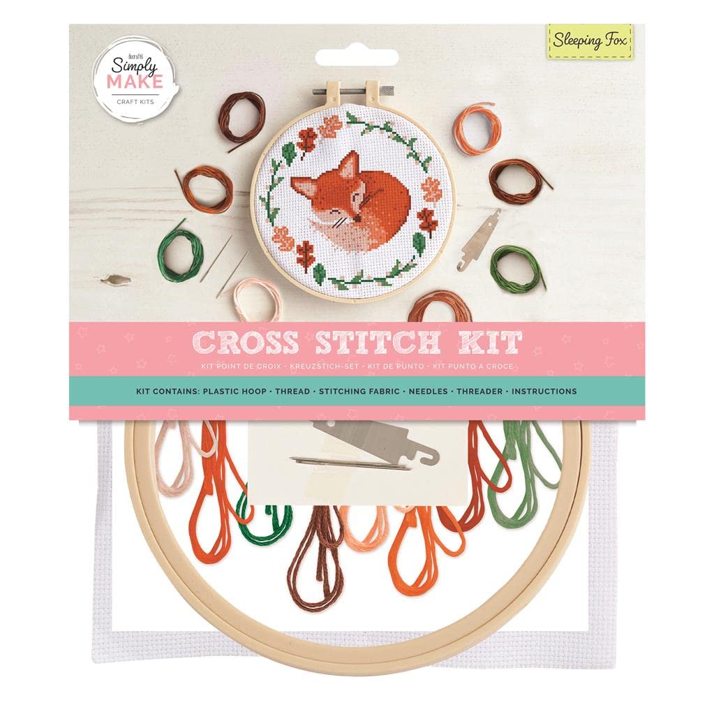 Simply Make Cross Stitch Kit, Sleeping Fox Design for Kids and Adults Including Hoop, Embroidery Thread, Fabric and Needle