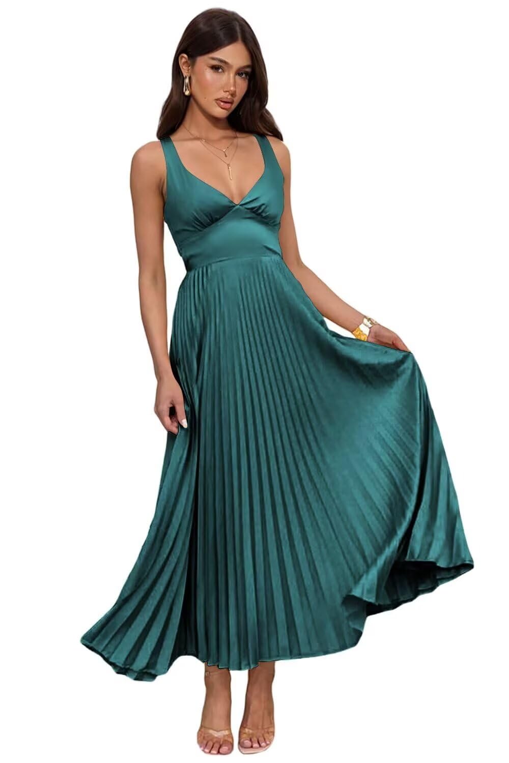 DVBTRGN Satin Bridesmaid Dresses for Women Pleated Maxi Formal Evening Party Gown