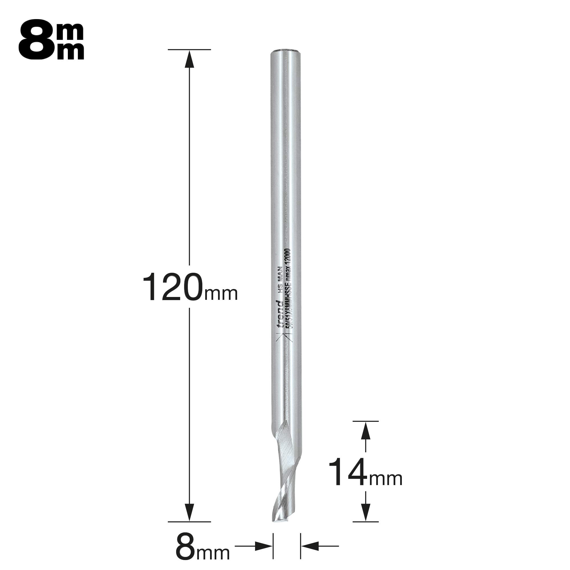Trend Professional Single Flute Helical Plunge Router Cutter, 8Mm Shank, 8Mm Cut Diameter & 14Mm Cut Length, High Speed Steel, 50/51X8mmhsse