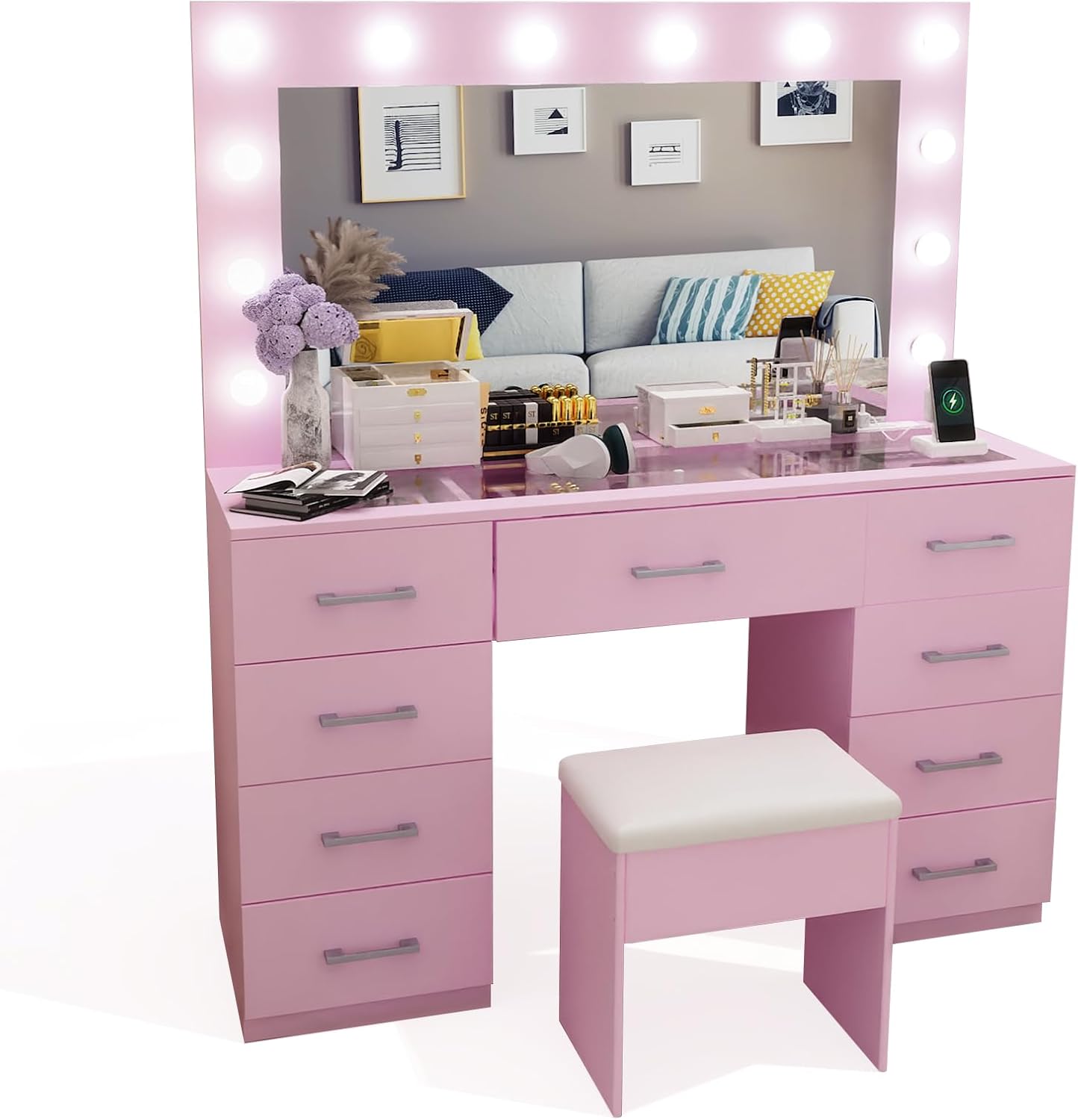 VINGLI Makeup Vanity Desk with Mirror and Lights, Dressing Table with 9 Drawers & Padded Stool, Makeup Table with Glass Top & 12 LED Light Bulbs & Power Outlet for Dressing Room Bed Room, Pink