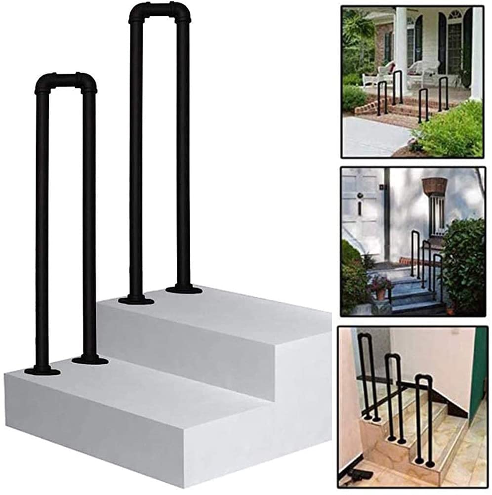 Transitional Handrail for Cement Concrete Steps and Wooden Steps | Handrail Picket for Outside Stairs Exterior Steps | Stair Rail Wrought Iron Railing with Installation Kit Hand Rails, 35-100cm Option
