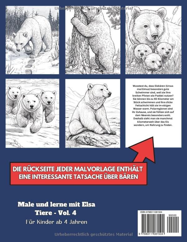 50 Bären-Malvorlagen – Malbuch für Kinder und Erwachsene: +50 erstaunliche Fakten über Bäre. Ausmalbuch für Jungen und Mädchen. Male und lerne mit Elsa – Tiere – Band 4