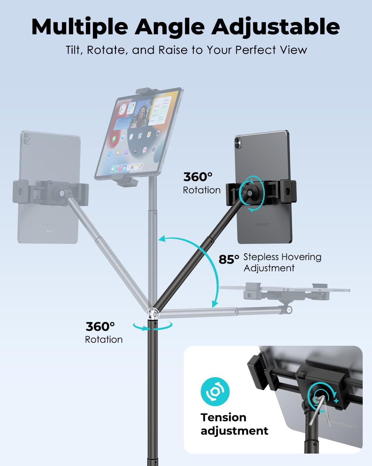 Viozon Tablet Floor Stand, Height & Angle Adjustable Tablet Holder with Aluminum Alloy Arm Tube, 360° Rotation for Bed, Sofa, Desk, Compatible with 3.5-11'' iPad Pro/Air/Mini, iPhone 15/14, Kindle，B