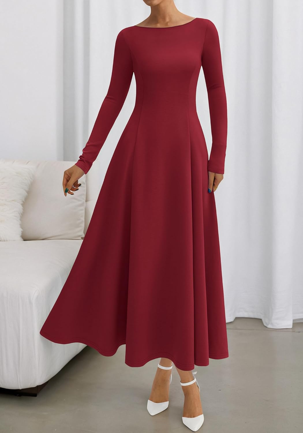 BTFBM Spring Dresses for Women 2026 Trendy Boat Neck Long Sleeve A Line Flowy Knit Loose Casual Elegant Party Maxi Dress - Image 6