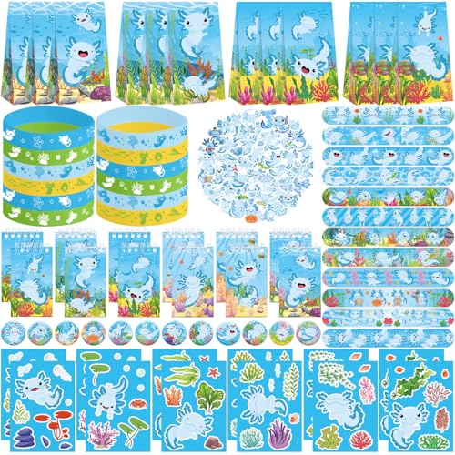 Obussgar Artículos de fiesta de Axolotl azul que incluyen bolsas de regalo, pegatinas, insignias y pulseras para fiesta de cumpleaños con temática axolotl