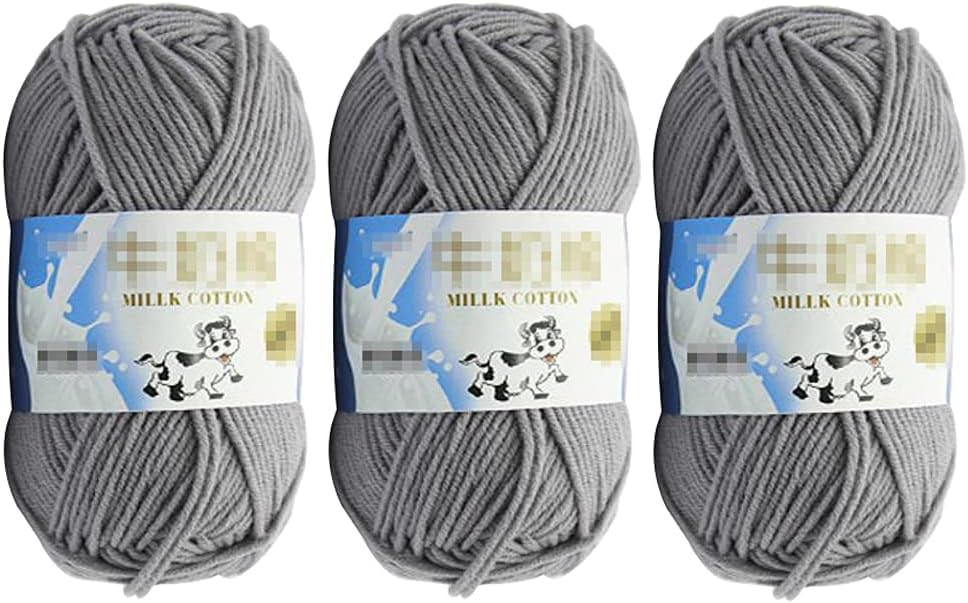 3Pcs 50g Milk Yarn Knitting Cotton Yarn Soft Chunky Hand-Woven Crochet Wool Yarn for Handcrafts Crocheting Knitting (Grey)