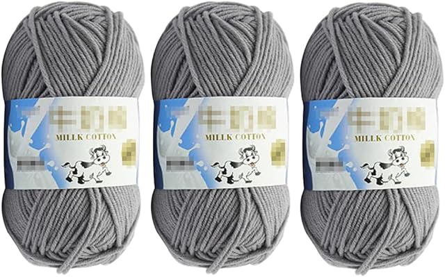 3Pcs 50g Milk Yarn Knitting Cotton Yarn Soft Chunky Hand-Woven Crochet Wool Yarn for Handcrafts Crocheting Knitting (Grey)