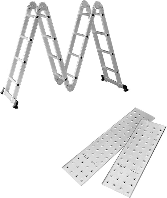 Aufun aluminum multi-purpose multifunctional ladder folding adjustable, 2 scaffolding panels and 2 floor traverses, 16 steps, 4.7m length, loadable up to 150 kg