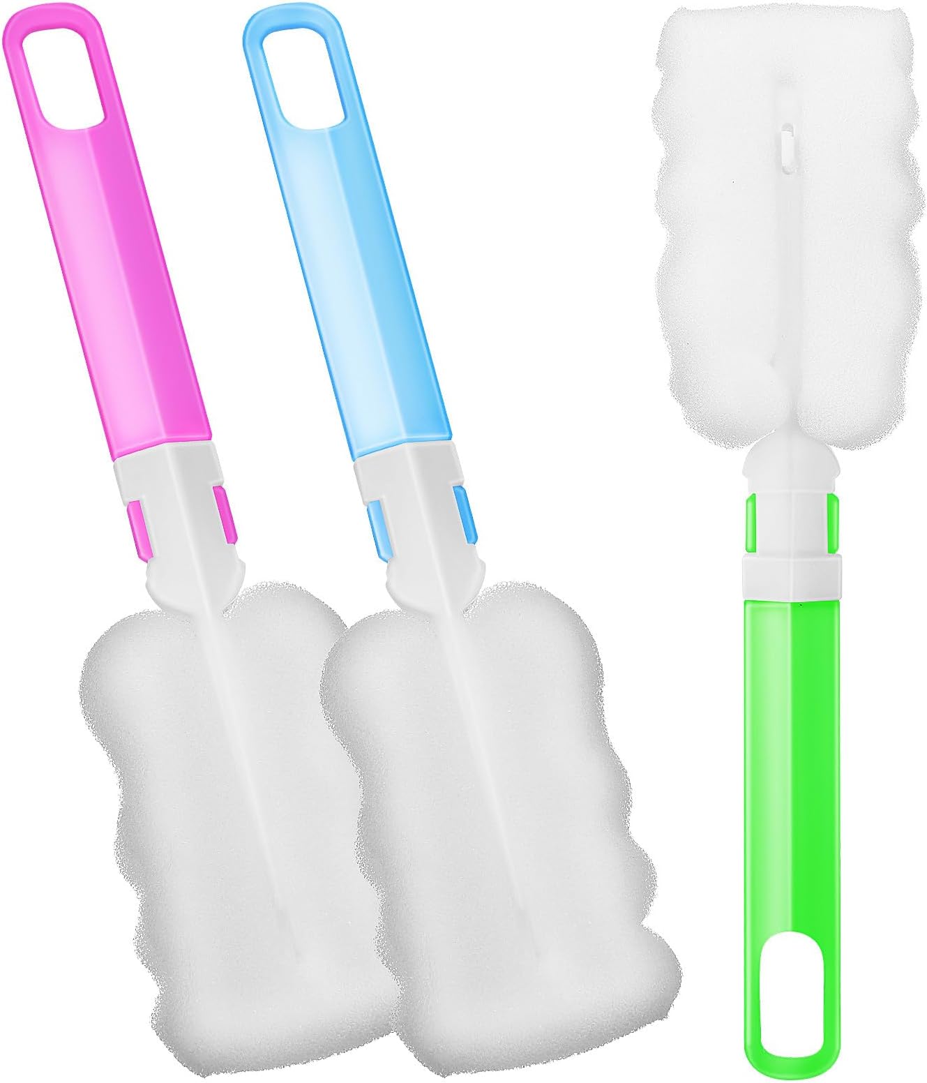 3pcs Plastic Bottle Cleaning Brushes with Long 12cm Handles and 8cm Sponge Heads, Reusable Kitchen Cup Washing Tools in Blue, Green, and Pink for Water Bottles and Containers