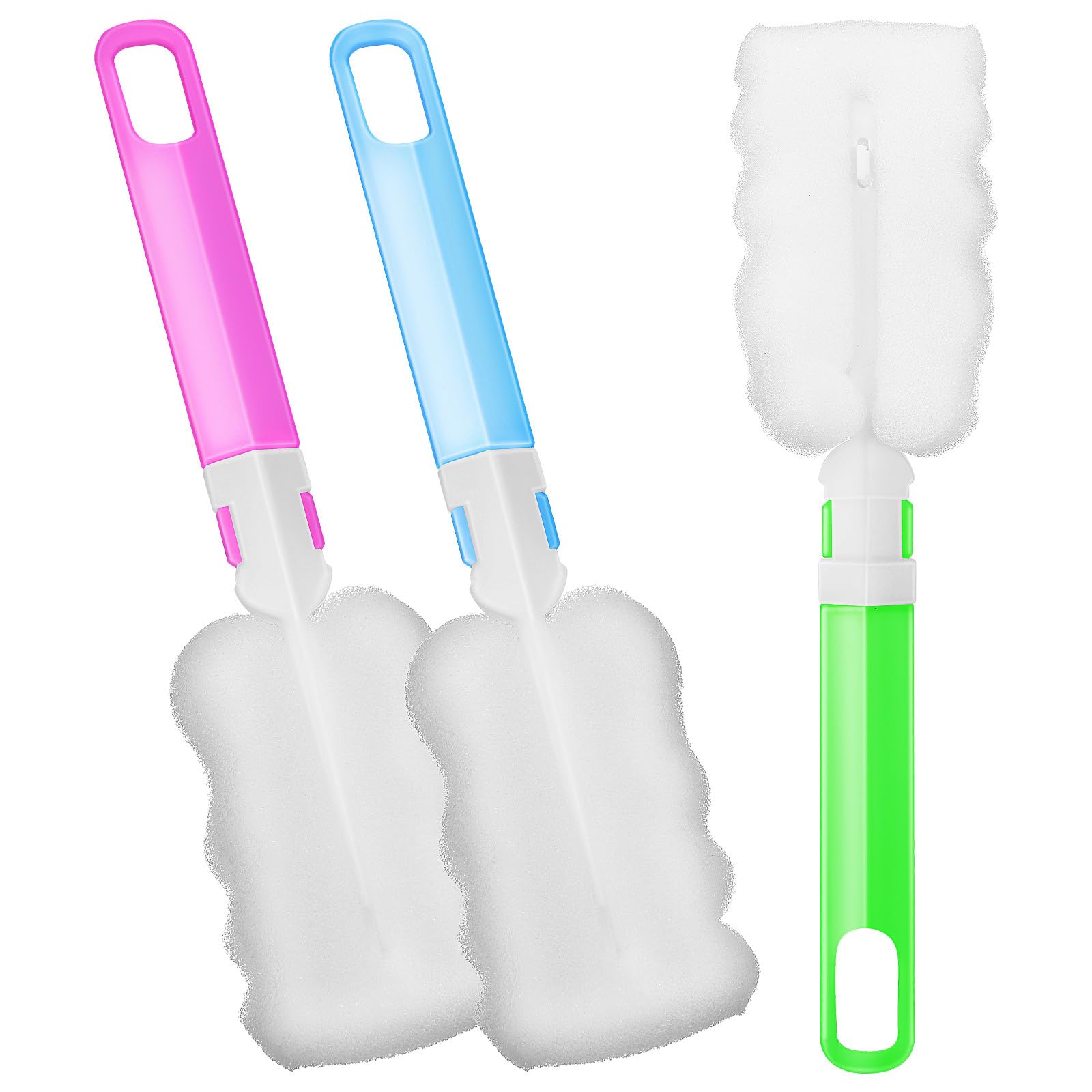 3pcs Plastic Bottle Cleaning Brushes with Long 12cm Handles and 8cm Sponge Heads, Reusable Kitchen Cup Washing Tools in Blue, Green, and Pink for Water Bottles and Containers