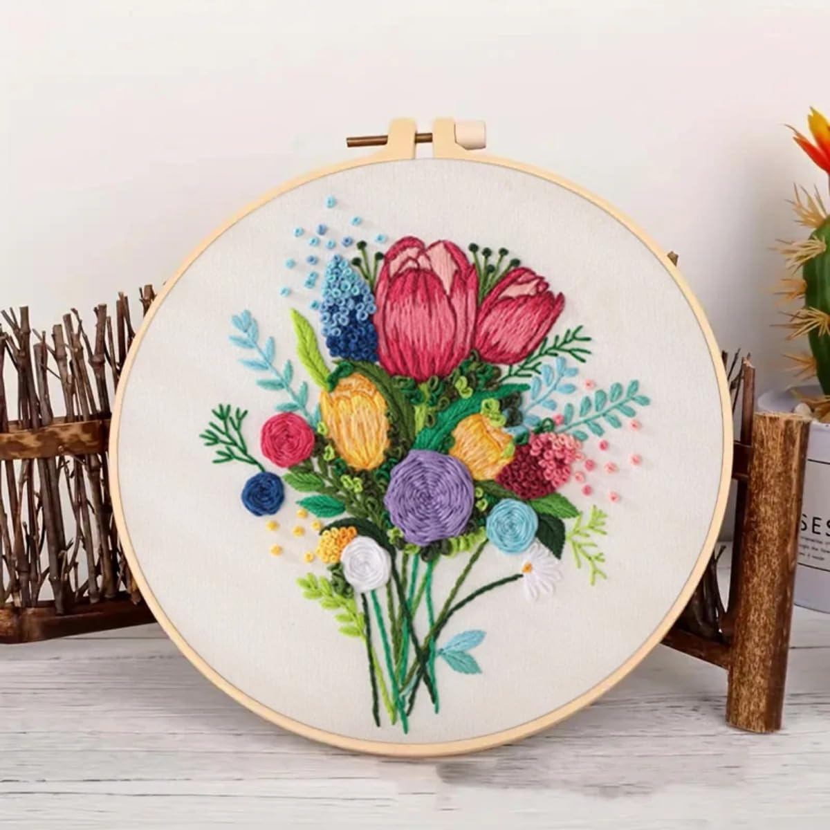 3 Sets Embroidery Starter Kits Flower Bouquet Cross Stitch Sets Plant Sewing Art Craft Painting DIY Home Decor Embroidery Set with Embroideriy Hoop and Instructions for Adults Beginners (Blue)