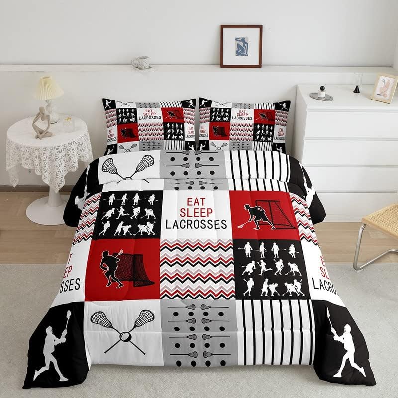 jejeloiu Juego de edredón de Lacrosse con diseño geométrico de juegos deportivos para niños, niñas, adolescentes, regalo para amantes del lacrosse,