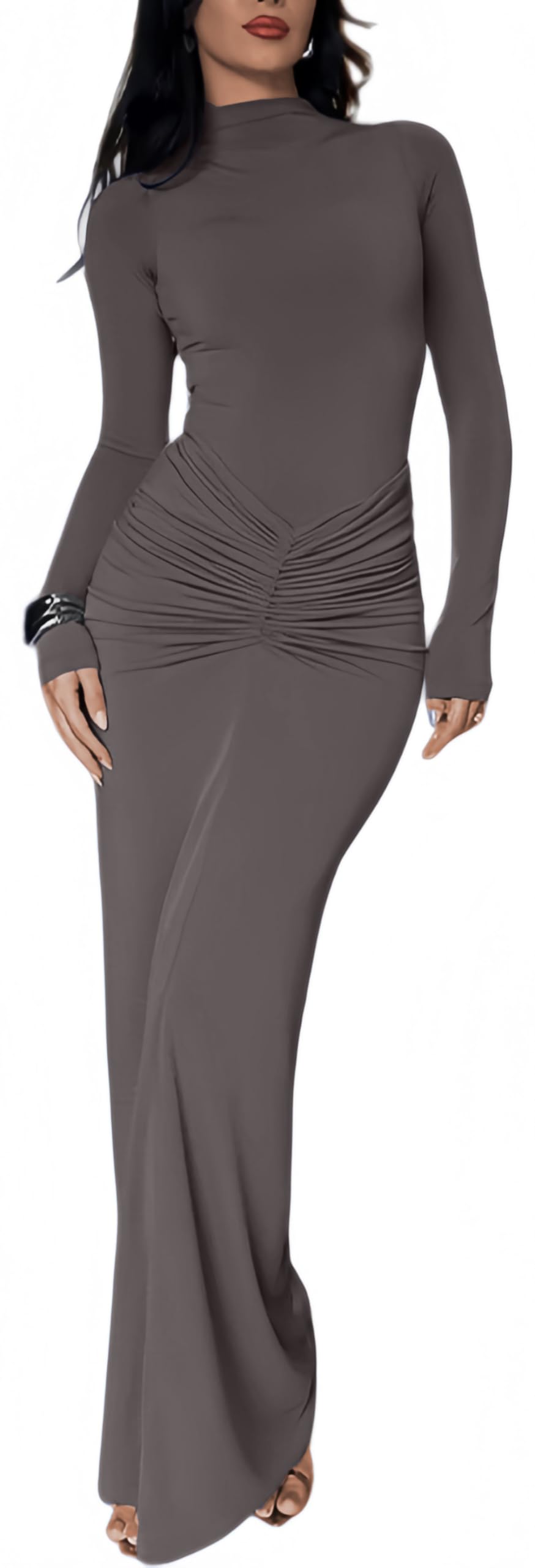 Robe Femme Élégante Maxi Robes Moulante Col Montant Manches Longues Sexy Slim Froncée Robe Longue Automne Hiver Tendance Robes Crayon de Soirée Cocktail Clubbing Mariage Casual Streetwear