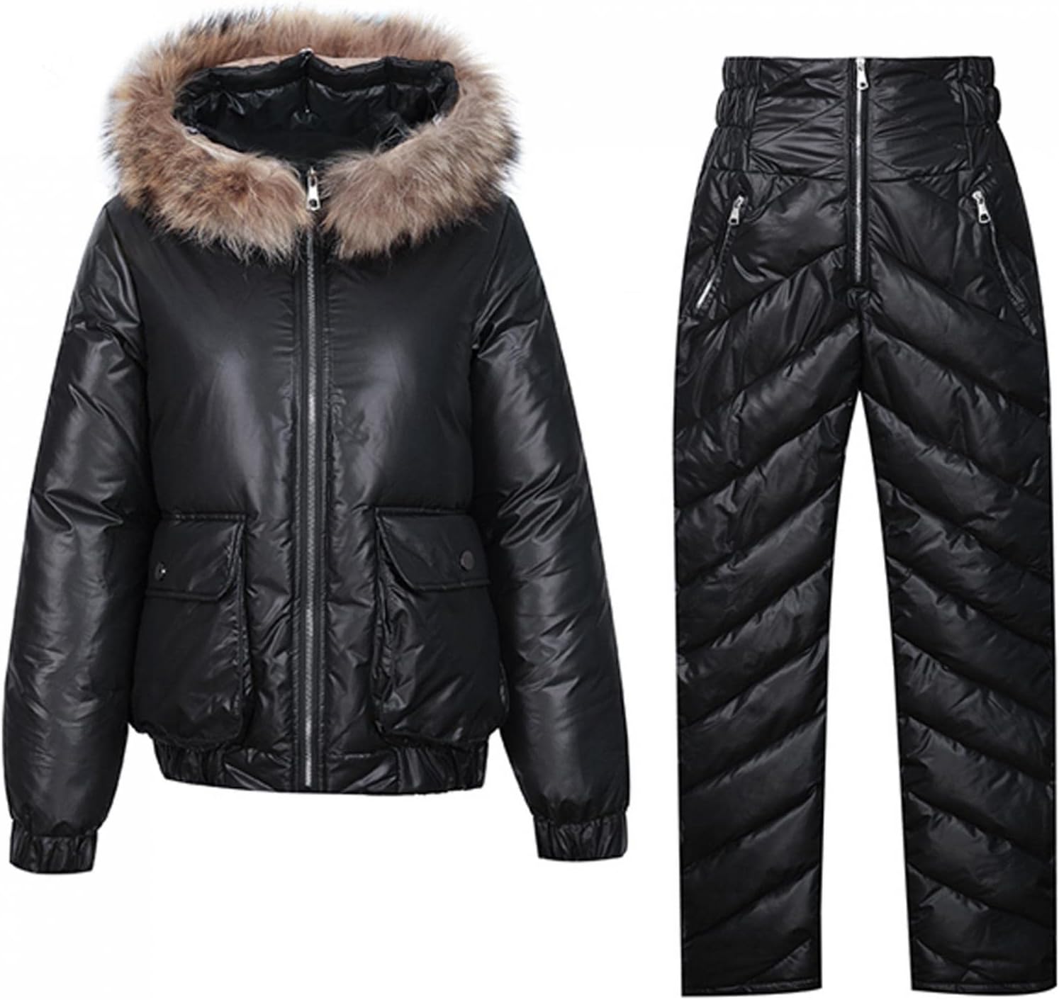 ZHUER Women Snowsuit 2 Piece Set Winter Thick Hooded Ski Jackets and Pants Warm Snowboarding Snowsuit Waterproof Windproof