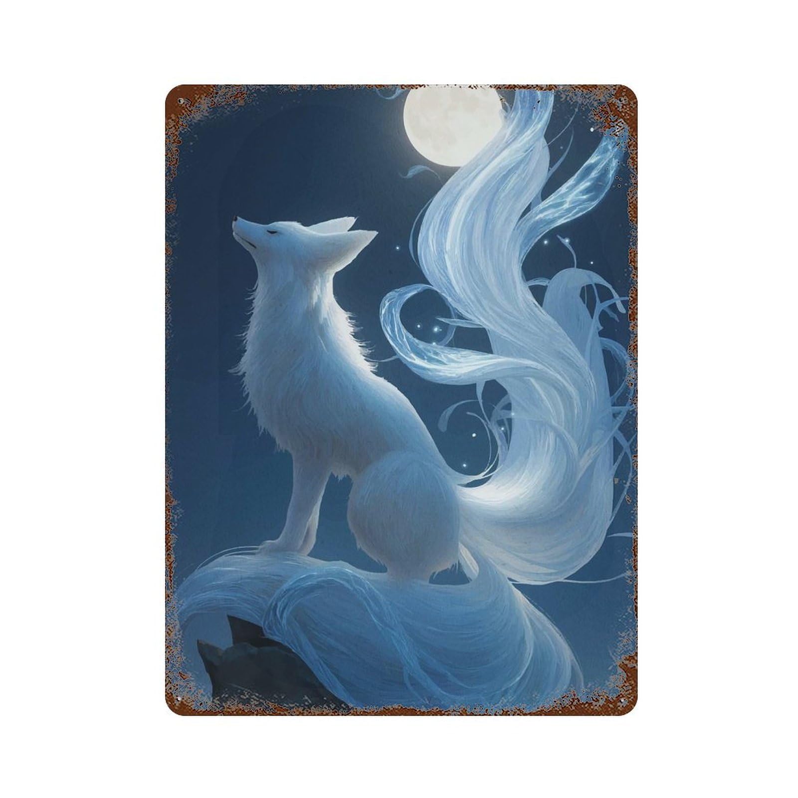 Art Fox Under Moonlight 15.7"x11.8" Retro Metal Sign, Vintage Wall Decor for Office, Studio And Wall Decor