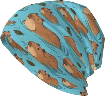 Cute Cartoon Capybara Blue Beanie Chemo Cancer Headwear Hats for Women Men Slouchy Beanies Skull Cap Turban