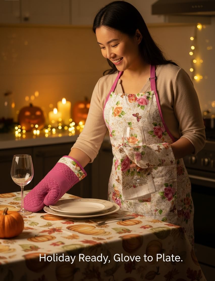 4-Piece Kitchen Apron Set with Oven Mitt & Dish Towel, Cooking Apron for Women,Housewarming Gift Set
