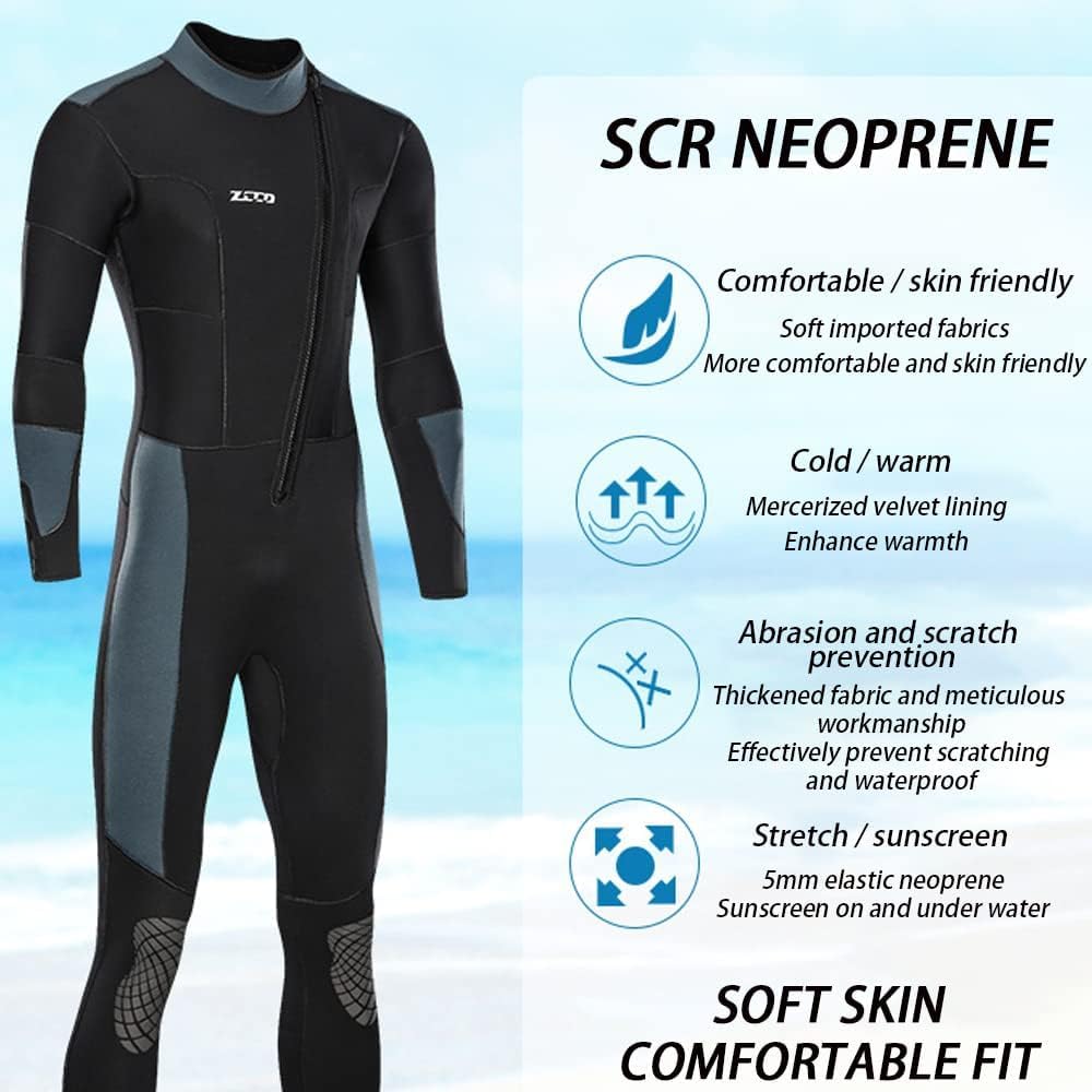 Herren Neoprenanzug, Ultra Stretch 5mm Neopren Einteiliger Warme Sonnencreme Neoprenanzug Frontreißverschluss Für Wassersport Badebekleidung Langarm, Zum Schwimmen/Schnorcheln/tauchen/s, XXL