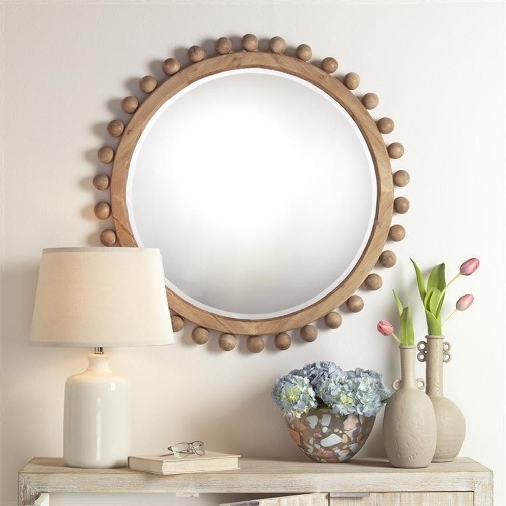 35" Round Coastal Sunburst Wood Mirror with Small Balls, Hand Carved, for Bedroom, in Natural Finish