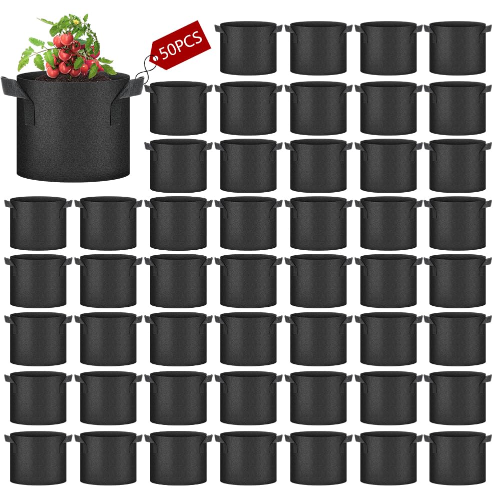 Ukontagood 50 Pack Grow Bags, Black Heavy Duty Fabric Pots Nonwoven Potato Grow Bags with Sturdy Handles & Reinforced Stitching, Breathable Vegetable