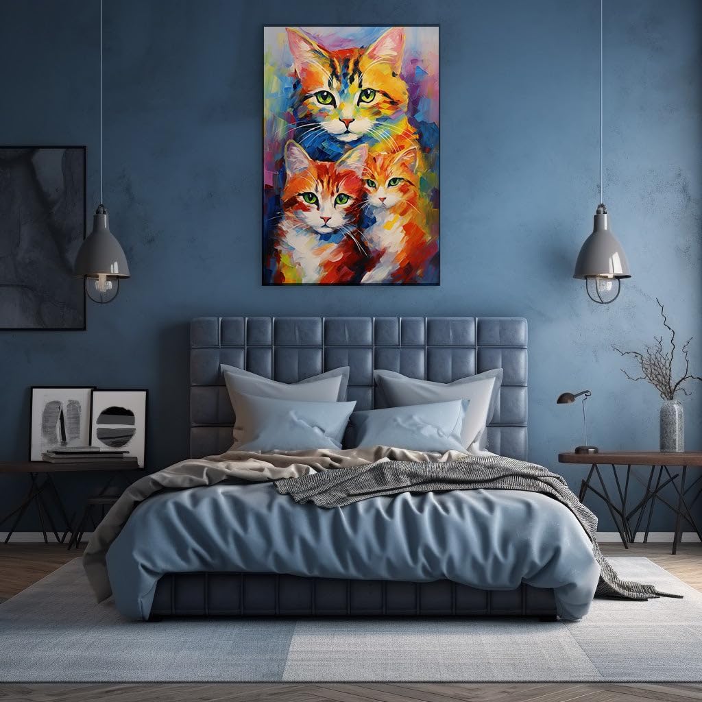 Canvas for Living room. Whiskers and Brushstrokes: The Triumvirate of Feline Elegance, 27 x 18 inch Canvas Wall Art - Ready to Hang - 69x46 cm (27x18 inch)