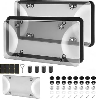 2-Pack Clear License Plate Frames & Protectors, Universal Fit Car Covers with Bonus Valve Caps, Adhesive & Screwdriver - Weatherproof & Visible
