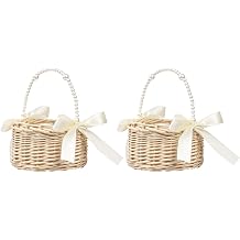 2 Pack Wicker Rattan Flower Girl Basket, Woven Wedding Flower Basket with Pearl Handle and Bow Ribbon